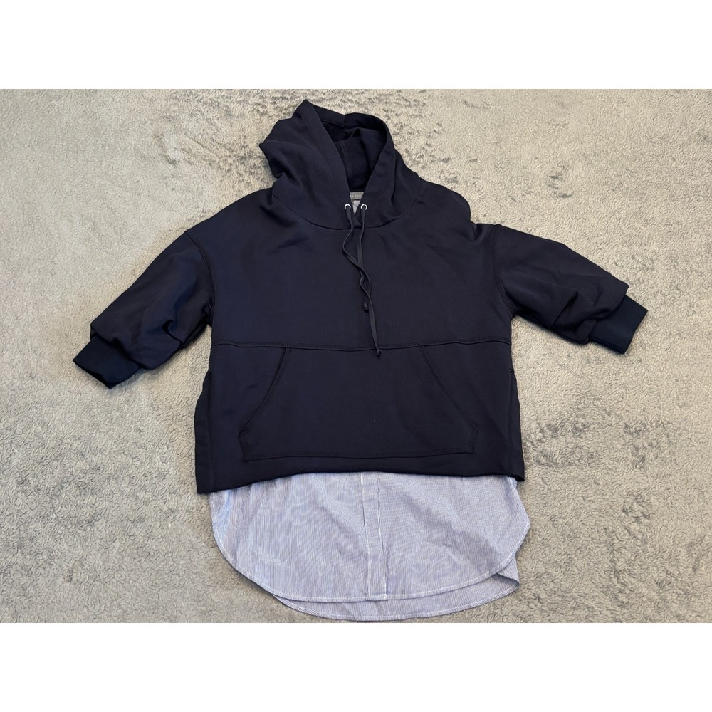 Elliott Lauren Hoodie Sweatshirt Womens XS Navy Blue Half Sleeve Faux Undershirt